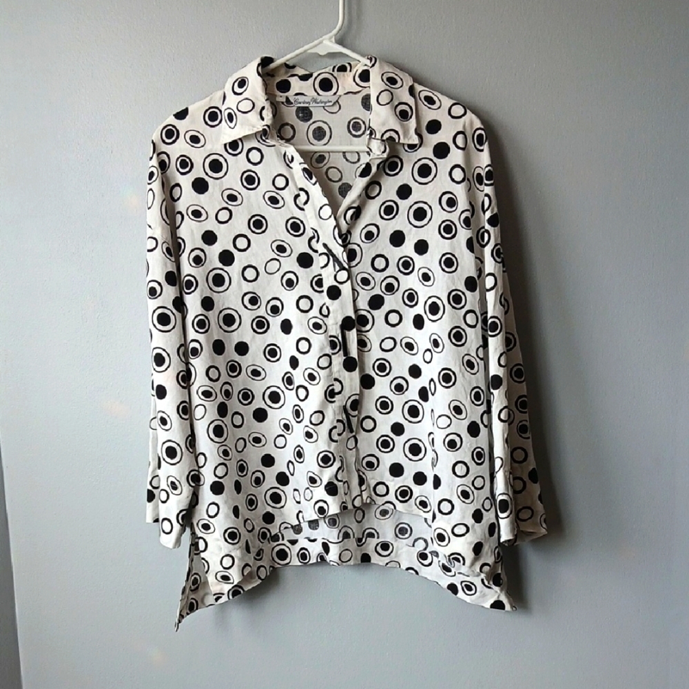 Courtney Washington Linen Black and White Polka Dot Blouse Womens Medium